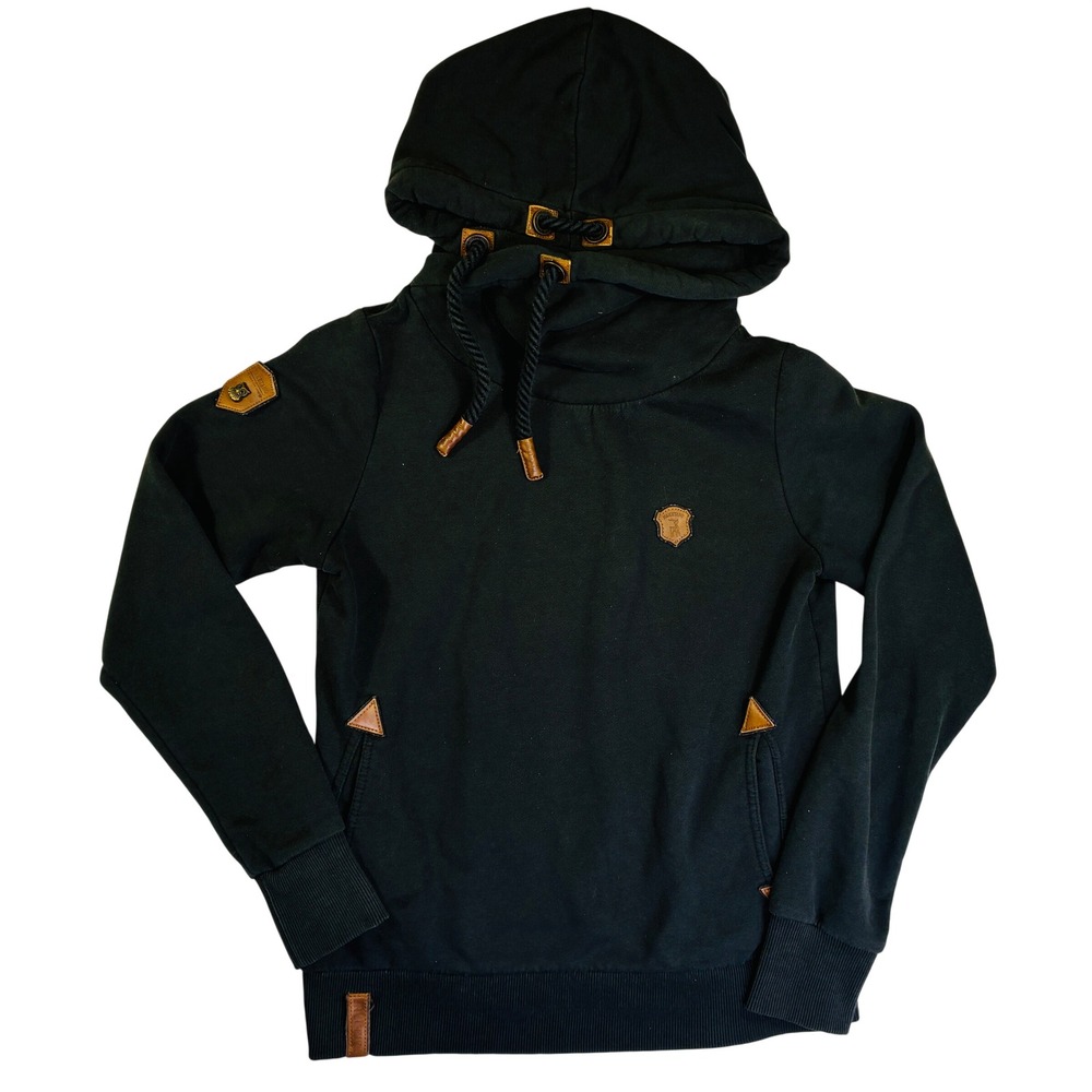 Naketano Brave New Word Womens Hoodie Black Shawl Neck Rope Drawstring Large